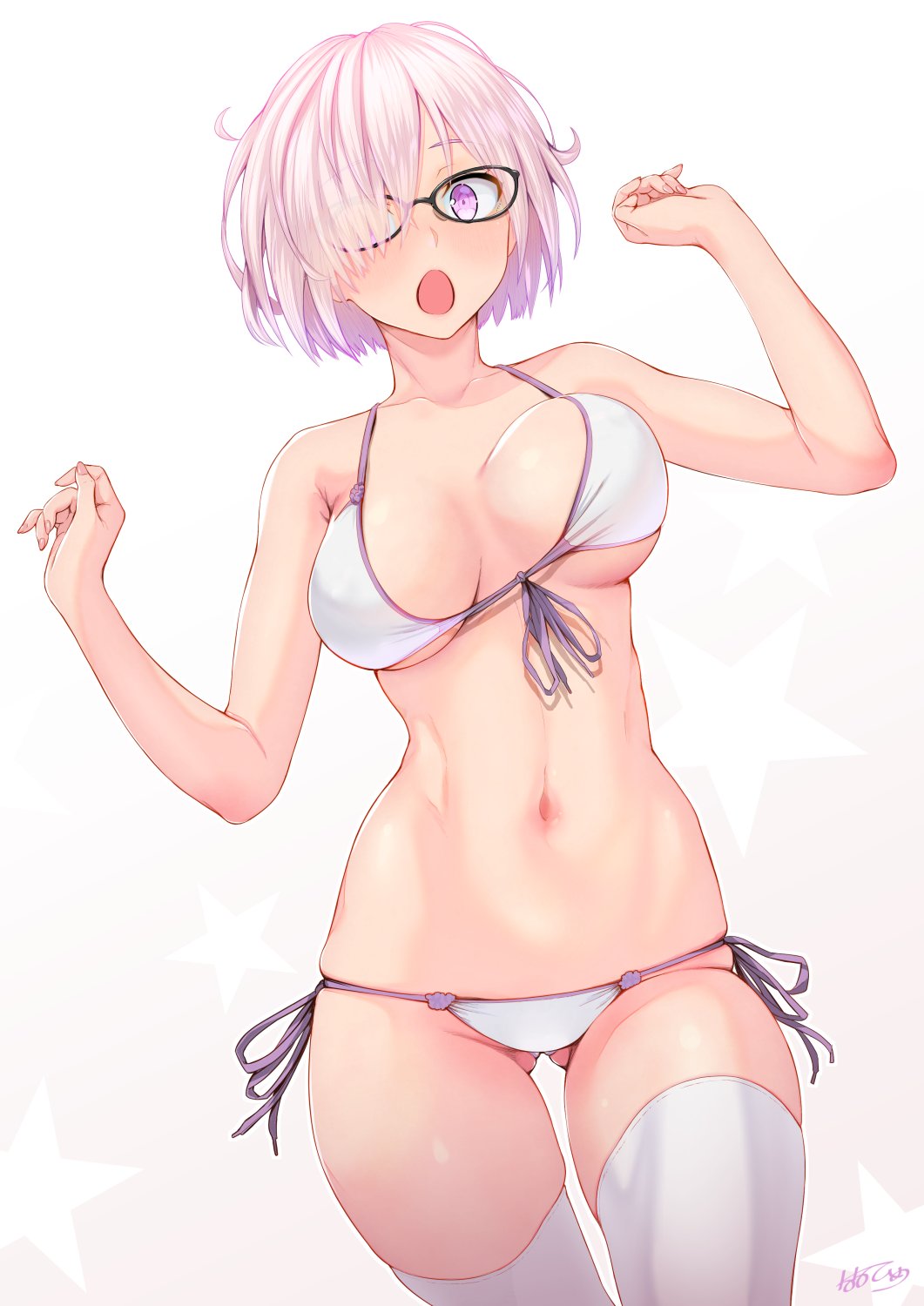 1girl :o alternate_costume artist_name ass_visible_through_thighs asymmetrical_bangs bikini black-framed_eyewear breasts covered_nipples cowboy_shot fate/grand_order fate_(series) front-tie_bikini_top front-tie_top glasses hair_over_one_eye highres large_breasts lowleg lowleg_bikini mash_kyrielight nanahime navel open_mouth pink_hair purple_eyes short_hair side-tie_bikini_bottom signature simple_background skindentation solo stomach string_bikini swimsuit thighhighs unaligned_breasts white_bikini white_thighhighs