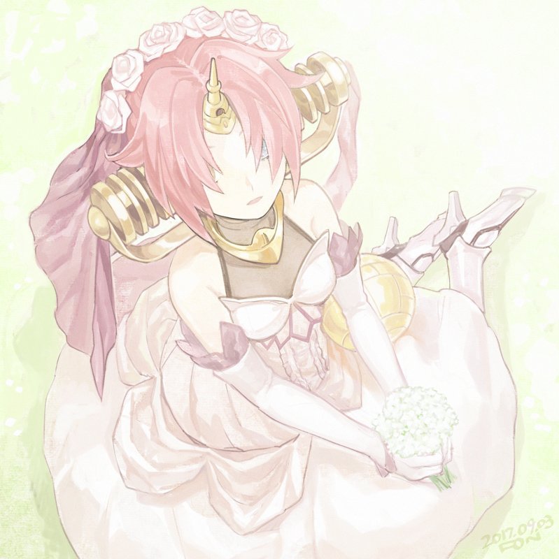 1girl dated dress fate/grand_order fate_(series) flower fon-due_(fonfon) frankenstein's_monster_(fate) from_above hair_flower hair_ornament hair_over_eyes holding holding_flower horns looking_up mechanical_horns open_mouth pink_hair rose short_hair signature single_horn solo veil white_background white_dress white_flower white_rose white_sleeves