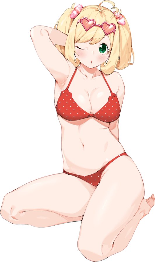 1girl ahoge arm_behind_back arm_behind_head armpits bare_shoulders barefoot bikini blonde_hair blush breasts chestnut_mouth cleavage collarbone eyewear_on_head full_body green_eyes hair_ornament heart heart-shaped_eyewear heart_hair_ornament idolmaster idolmaster_cinderella_girls idolmaster_cinderella_girls_starlight_stage large_breasts long_hair looking_at_viewer menea navel one_eye_closed polka_dot polka_dot_bikini red_bikini sato_shin simple_background sitting solo swimsuit twintails v-shaped_eyebrows white_background yokozuwari