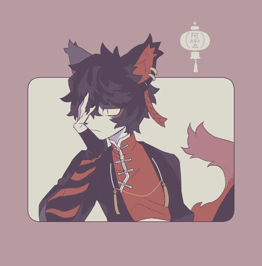 1boy aak_(arknights) animal_ear_piercing arknights black_hair cat_boy character_name chinese_clothes covering_one_eye furry furry_male hair_over_one_eye long_sleeves short_hair sirakaro slit_pupils solo tassel upper_body