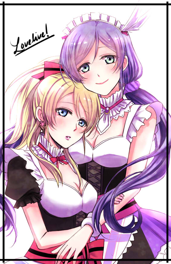 2girls apron ayase_eli bare_arms blonde_hair blue_eyes blush bow breasts cleavage copyright_name green_eyes kirishima_ria large_breasts long_hair love_live! love_live!_school_idol_project low_twintails maid maid_headdress mogyutto_"love"_de_sekkin_chuu! multiple_girls ponytail puffy_short_sleeves puffy_sleeves purple_hair scrunchie short_sleeves simple_background smile toujou_nozomi twintails white_background