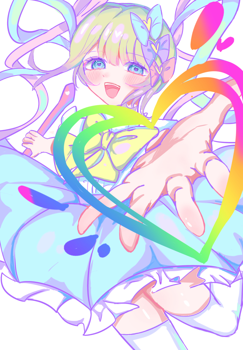 1girl :d blonde_hair blue_dress blue_eyes blue_hair blush bow chouzetsusaikawa_tenshi-chan cowboy_shot dress frilled_dress frills hair_bow hair_ornament heart heart-shaped_pupils holding itomakirichan leg_up long_hair looking_at_viewer multicolored_hair needy_girl_overdose pink_hair quad_tails reaching reaching_towards_viewer simple_background smile solo symbol-shaped_pupils teeth upper_teeth_only white_background