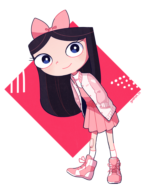 1girl alternate_costume black_hair bow child hair_bow hand_in_pocket isabella_garcia-shapiro kingyo_(g-fish) long_hair looking_at_viewer phineas_and_ferb pink_skirt skirt smile