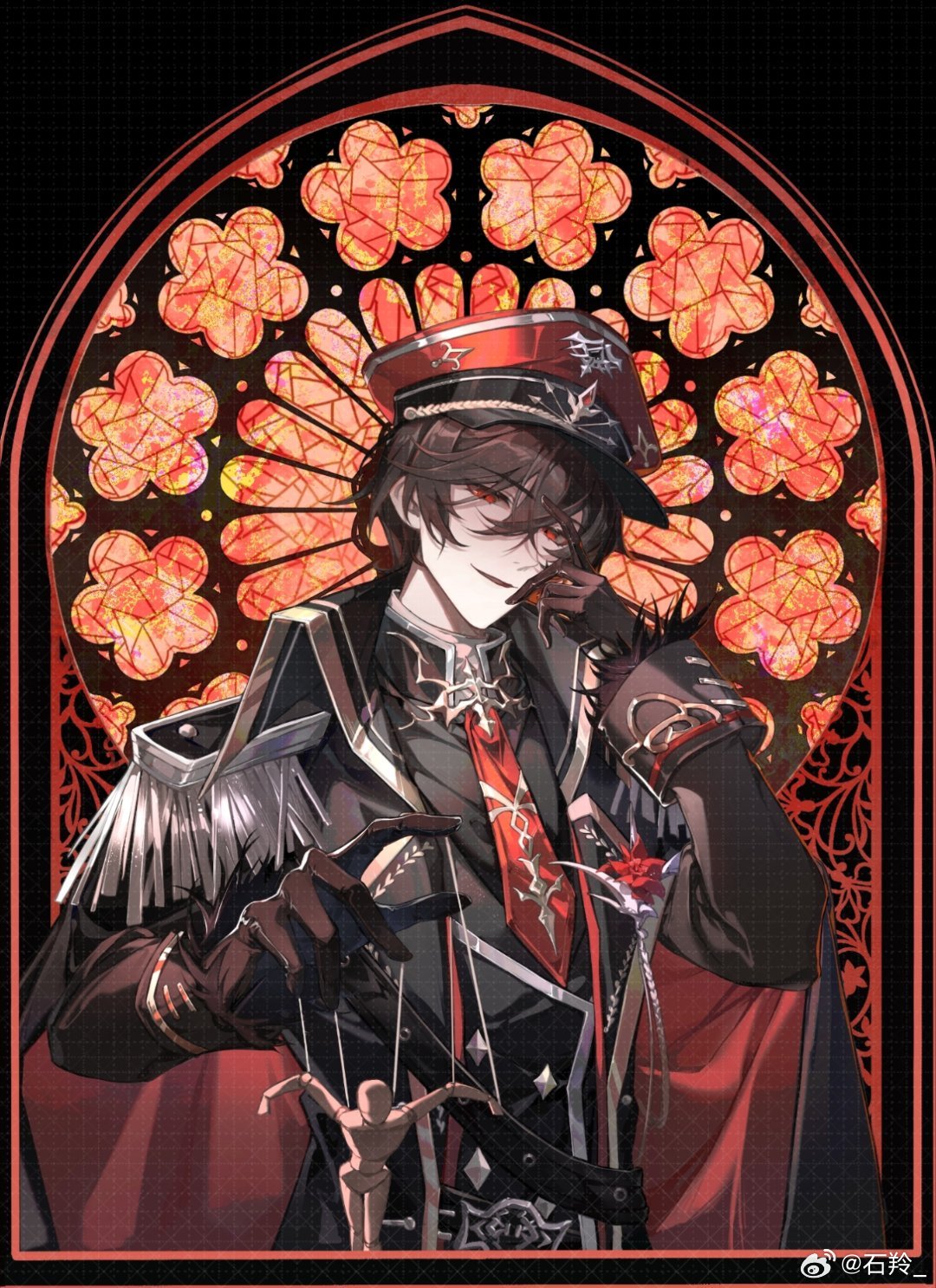 1boy aiguillette ayn_alwyn belt belt_buckle black_background black_belt black_cape black_gloves black_hair black_jacket black_shirt buckle buttons cape collared_cape corsage crossed_bangs diamond_button double-breasted epaulettes flower fur-trimmed_sleeves fur_trim gloves hair_between_eyes hand_on_own_face hat highres jacket lapels long_sleeves looking_at_viewer lovebrush_chronicles male_focus military_hat military_uniform necktie notched_lapels parted_lips peaked_cap puppet puppet_strings red_cape red_eyes red_flower red_hat red_necktie shiling shirt short_hair sleeve_cuffs smile smirk solo stained_glass two-sided_cape two-sided_fabric uniform upper_body weibo_logo weibo_username