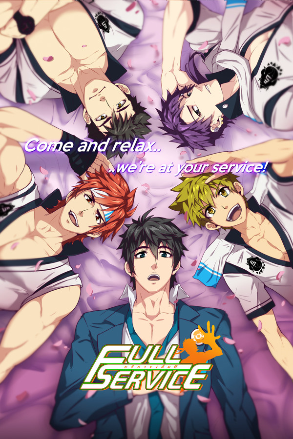 5boys black_hair blue_coat brown_eyes character_request coat collared_coat collared_shirt cover ear_piercing english_text full_service_(mazjojo) green_hair kovit_chaiyarit logo lying male_focus mazjojo multiple_boys muscular muscular_male official_art open_mouth pectoral_cleavage pectorals piercing purple_hair rald_schwarz red_hair second-party_source shirt short_hair smile suit teeth tomoki_nakamoto uniform video_game_cover white_shirt yellow_eyes