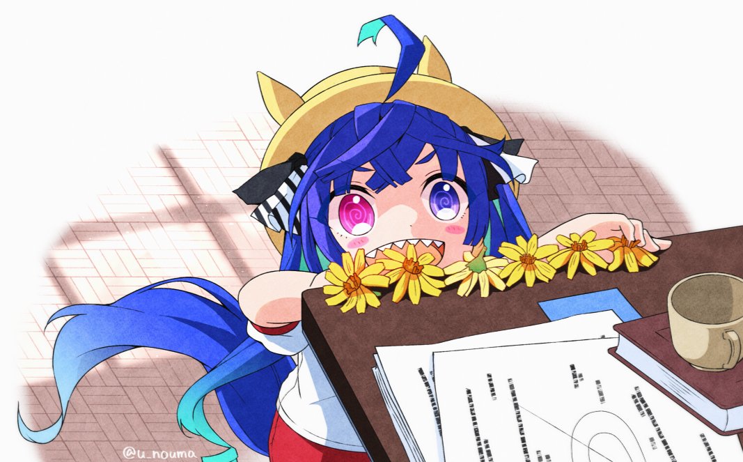 1girl @_@ aged_down ahoge animal_ears aqua_hair blue_eyes blue_hair blush_stickers book bow commentary_request crossed_bangs cup daisy flower gym_shirt hair_bow hat heterochromia horse_ears horse_girl horse_tail long_hair mug multicolored_hair nomako_(nomadare) open_mouth paper pink_eyes sharp_teeth shirt short_sleeves solo striped_bow table tail teeth twin_turbo_(umamusume) twintails twitter_username two-tone_hair umamusume