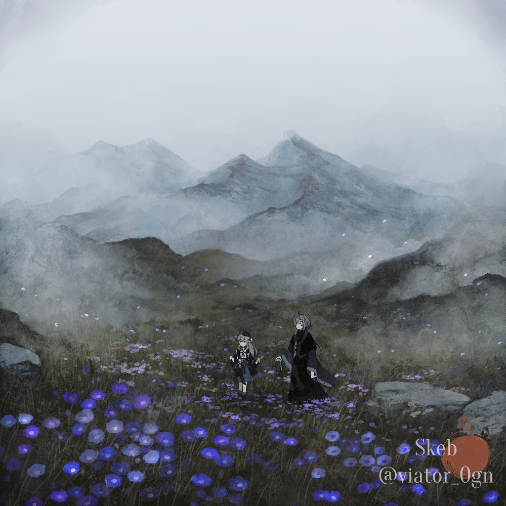 1boy 1girl ahoge black_cloak black_hat black_jacket blonde_hair cloak commission dress flower fog grass grey_dress grey_hair grey_sky gu_(goodnight) hat jacket long_hair mountain original outdoors purple_flower rock short_hair skeb_commission sky socks standing twitter_username watermark wide_sleeves