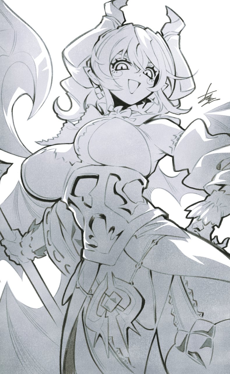 1girl arikanrobo armored_leotard breasts cleavage cowboy_shot demon_girl demon_horns demon_wings dress duel_monster gloves greyscale highres holding horns large_breasts looking_at_viewer lovely_labrynth_of_the_silver_castle low_wings monochrome multiple_wings pointy_ears smile solo twintails white_background wings yu-gi-oh!