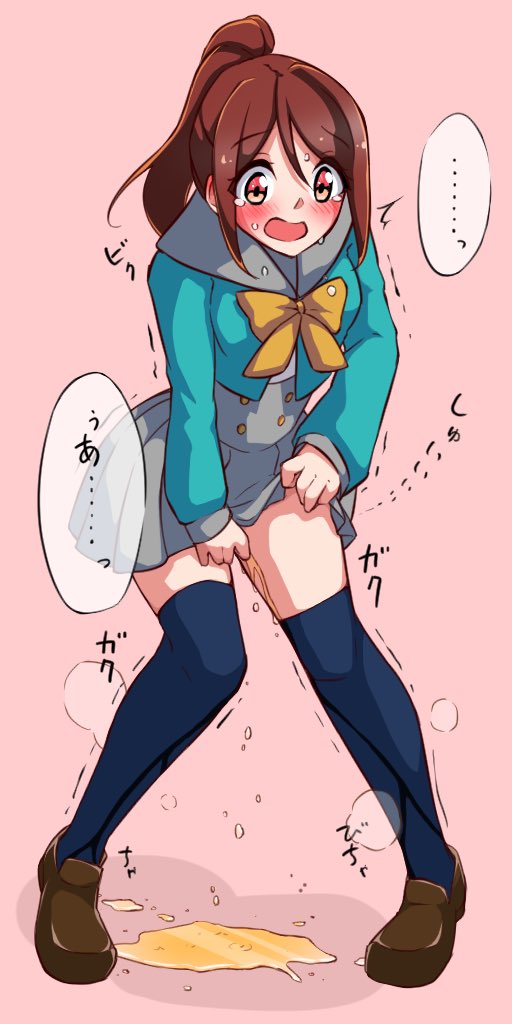 1girl aqua_shirt azukilib blue_thighhighs blush borrowed_character bow bowtie brown_footwear brown_hair commentary_request embarrassed full_body grey_skirt have_to_pee long_sleeves miniskirt open_mouth orange_bow orange_bowtie orange_eyes original peeing peeing_self pigeon-toed pink_background pleated_skirt ponytail puddle shirt shoes simple_background skirt solo speech_bubble standing steam sweat tears thighhighs translation_request trembling wet wet_clothes wide-eyed