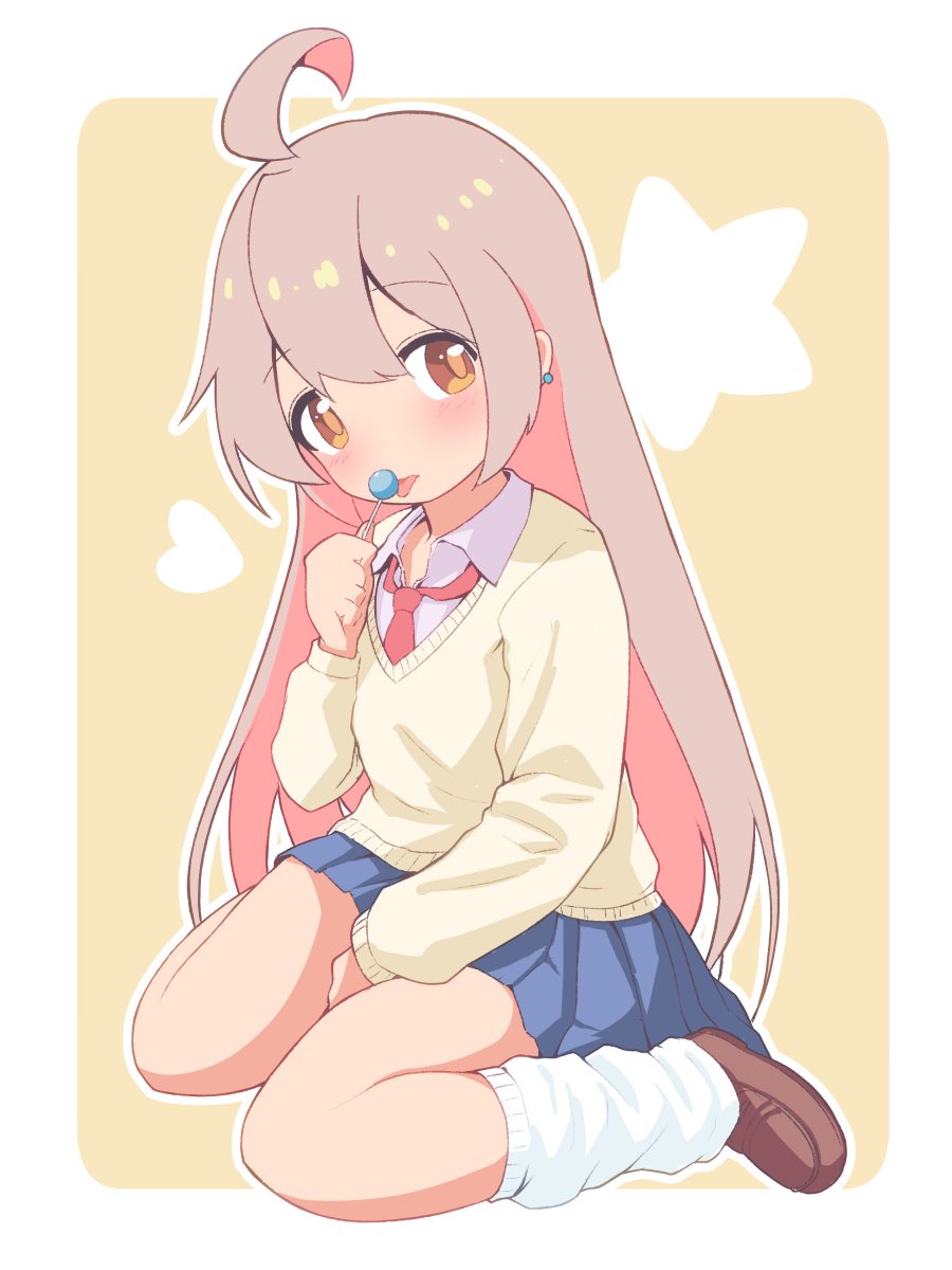 1girl ahoge between_legs blue_skirt blush border brown_eyes brown_footwear candy chupa_chups commentary earrings food full_body hair_between_eyes hand_between_legs heart highres holding holding_candy holding_food holding_lollipop jewelry licking loafers lollipop long_hair loose_socks necktie onii-chan_wa_oshimai! outline outside_border oyama_mahiro pink_hair pleated_skirt red_necktie school_uniform shirt shoes simple_background sitting skirt socks solo star_(symbol) sweater tongue tongue_out unkimo very_long_hair wariza white_border white_outline white_shirt wing_collar yellow_background yellow_sweater