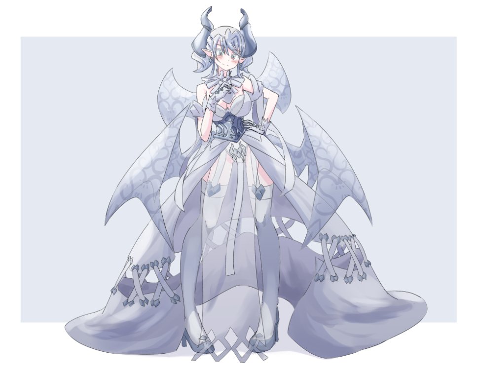 1girl bare_shoulders blush breasts cleavage demon_girl demon_horns demon_wings detached_collar dress drill_hair duel_monster earrings full_body gloves grey_background grey_eyes grey_hair horns jewelry large_breasts leotard long_dress looking_down lovely_labrynth_of_the_silver_castle multiple_wings nasubi3632 pointy_ears see-through simple_background solo thighhighs transparent_wings twin_drills white_background white_dress white_gloves white_leotard white_thighhighs wings yu-gi-oh!