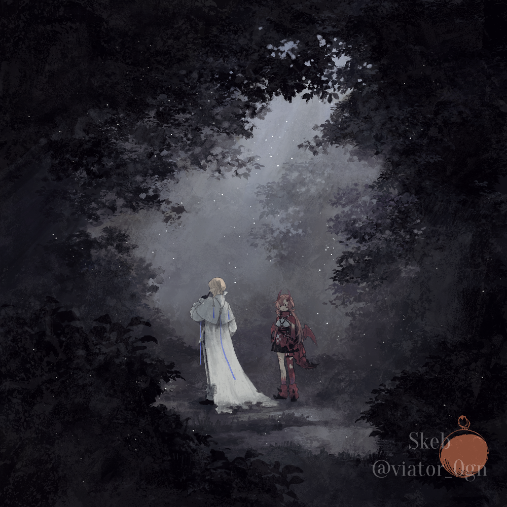 2girls black_dress black_footwear blonde_hair cloak commission dark dress facing_away forest gu_(goodnight) horns light_particles long_hair looking_at_another multiple_girls nature original outdoors path red_footwear red_hair red_horns shoes short_hair skeb_commission standing sunlight tree twitter_username watermark white_cloak