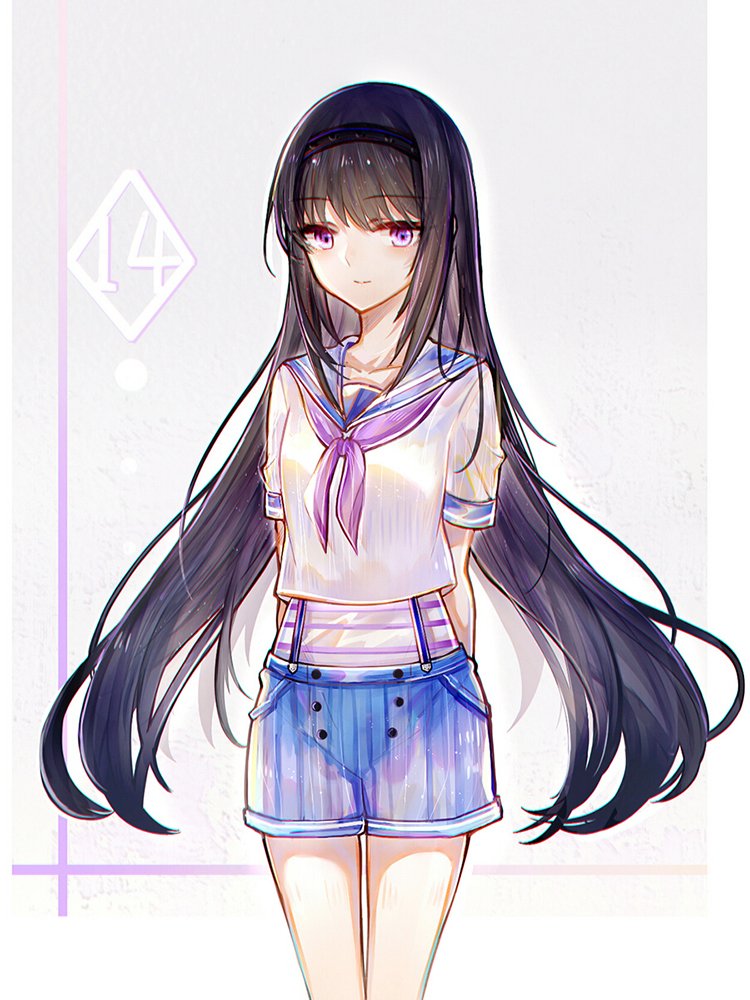 akemi_homura alternate_costume arms_behind_back bai_qi-qsr black_hair black_hairband blue_sailor_collar blue_shorts border buttons closed_mouth collared_shirt commentary_request denim denim_shorts gradient_background grey_background hairband light_smile long_hair looking_at_viewer mahou_shoujo_madoka_magica mahou_shoujo_madoka_magica_(anime) neckerchief one-piece_swimsuit outside_border pocket purple_eyes purple_neckerchief sailor_collar sailor_shirt shirt short_sleeves shorts simple_background striped_clothes striped_one-piece_swimsuit striped_shorts studded_hairband suspenders swimsuit vertical-striped_clothes vertical-striped_shorts very_long_hair white_border white_one-piece_swimsuit white_shirt white_sleeves