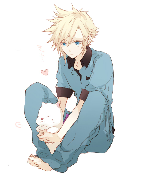 1boy :3 alternate_costume animal animal_on_lap barefoot bisukorokoro blonde_hair blue_eyes blue_pants blue_shirt closed_eyes cloud_strife crisis_core_final_fantasy_vii earrings expressionless final_fantasy final_fantasy_vii full_body heart high_collar holding holding_animal jewelry knees_up looking_down male_focus moogle on_lap pants shirt short_hair short_sleeves simple_background sitting spiked_hair spoken_heart stud_earrings third-party_source translation_request uniform white_background