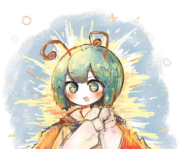 1girl antennae black_cape cape everyone fireflies green_eyes green_hair mokumoku22 open_mouth own_hands_together plaid plaid_vest short_hair smile solo star-shaped_pupils star_(symbol) symbol-shaped_pupils touhou two-sided_cape two-sided_fabric upper_body vest wriggle_nightbug