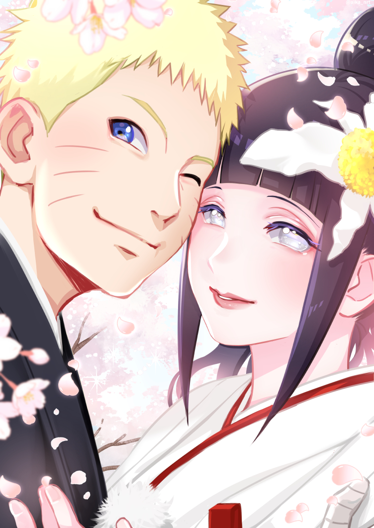 1boy 1girl aika_nrt black_hair blonde_hair blue_eyes cherry_blossoms close-up couple facial_mark flower hair_bun hair_flower hair_ornament hetero hyuuga_hinata japanese_clothes kimono long_hair looking_at_viewer naruto:_the_last naruto_(series) one_eye_closed red_lips short_hair uchikake upper_body uzumaki_naruto whisker_markings white_eyes