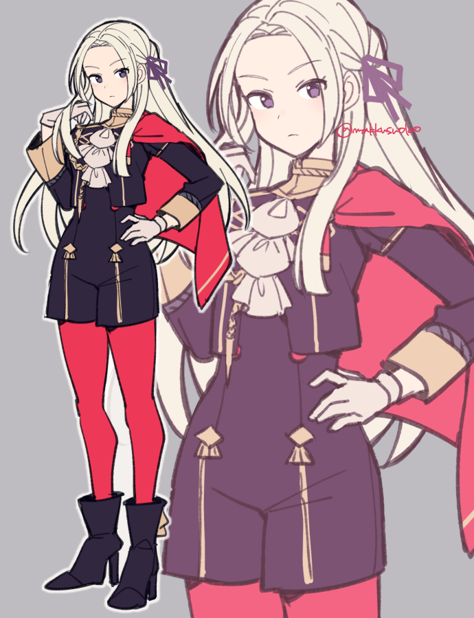 1girl ascot cape closed_mouth commentary_request do_m_kaeru edelgard_von_hresvelg fire_emblem fire_emblem:_three_houses forehead full_body garreg_mach_monastery_uniform gloves grey_background hair_ribbon hand_on_own_hip long_hair long_sleeves looking_at_viewer pantyhose purple_eyes purple_ribbon red_cape red_pantyhose ribbon simple_background solo twitter_username uniform white_ascot white_gloves white_hair