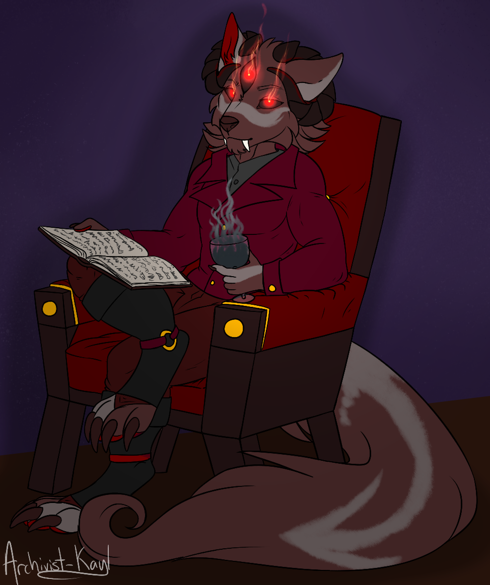 archivist_kayl armchair canid canid_demon canine canis chair crimson_hellhound demon furniture hellhound mammal mythological_canine mythological_creature mythology nonbinary_(lore) reading soul wolf