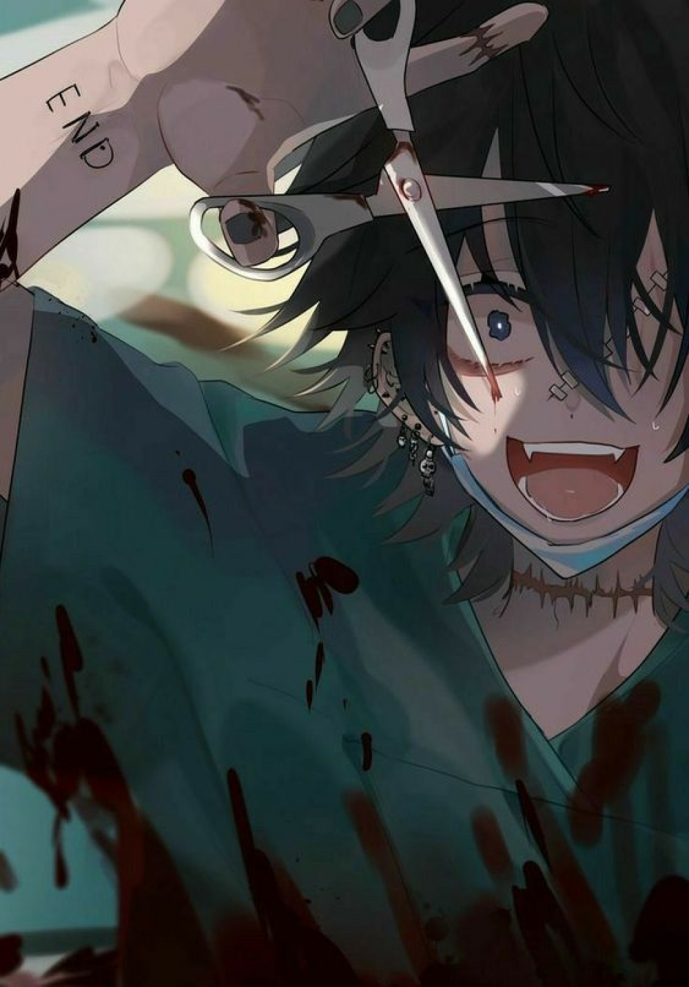 arms_up bags_under_eyes black_hair blood blood_on_clothes bloody_scissors blue_eyes crazy_eyes crazy_smile earrings hair_between_eyes highres jewelry nail_polish original scar scar_on_face scar_on_hand scar_on_neck scissors short_hair smile wrist_tattoo