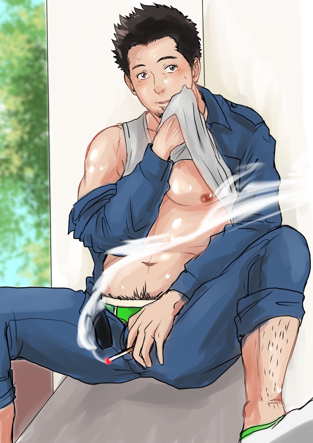 1boy bara bare_pectorals belly blush cigarette facial_hair goatee_stubble green_male_underwear highres holding holding_cigarette looking_to_the_side male_focus male_underwear male_underwear_peek navel navel_hair nipples off_shoulder open_fly original pants pants_rolled_up pectorals plump schwinn57 short_hair sideburns_stubble single_bare_shoulder smoke solo sparse_leg_hair sparse_navel_hair spread_legs stubble toned toned_male underwear wiping_sweat