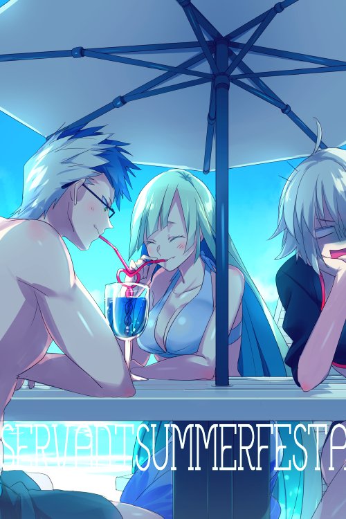 1boy 2girls ahoge beach_umbrella bikini black_bikini black_hair black_jacket blue_bikini breasts brynhildr_(fate) cleavage closed_eyes collarbone cropped_jacket cup diagonal_bangs drinking_straw echo_(circa) empty_eyes fate/grand_order fate_(series) grey_hair jacket jeanne_d'arc_alter_(fate) jeanne_d'arc_alter_(swimsuit_berserker)_(fate) large_breasts long_hair long_sleeves multiple_girls open_mouth shaded_face short_hair shrug_(clothing) sigurd_(fate) smile swimsuit table thighs umbrella very_long_hair white_hair