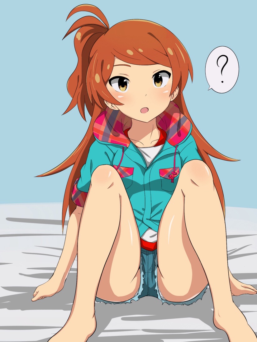 1girl :o ? ahoge ass bare_legs blue_hoodie blush breasts dot_nose hands_on_ground high_side_ponytail hood hoodie idolmaster idolmaster_million_live! idolmaster_million_live!_theater_days legs_apart long_hair looking_at_viewer nejime_(nejimeinu) ogami_tamaki open_mouth orange_hair panties parka parted_bangs plaid_hood pocket short_sleeves sidelocks simple_background sitting sleeves_rolled_up small_breasts solo thighs underwear white_panties yellow_eyes