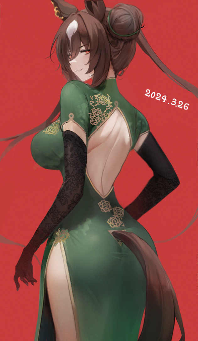 1girl animal_ears ass back_cutout black_gloves breasts brown_hair china_dress chinese_clothes closed_mouth clothing_cutout cowboy_shot curvy dated double_bun dress elbow_gloves from_behind gloves green_dress hair_bun high_collar horse_ears horse_girl horse_tail huge_ass impossible_clothes inaba_(usanopo) lace lace_gloves large_breasts long_hair looking_at_viewer looking_back nape orange_eyes red_background shoulder_blades side_slit sidelocks sirius_symboli_(umamusume) smile solo tail taut_clothes taut_dress twintails umamusume wide_hips