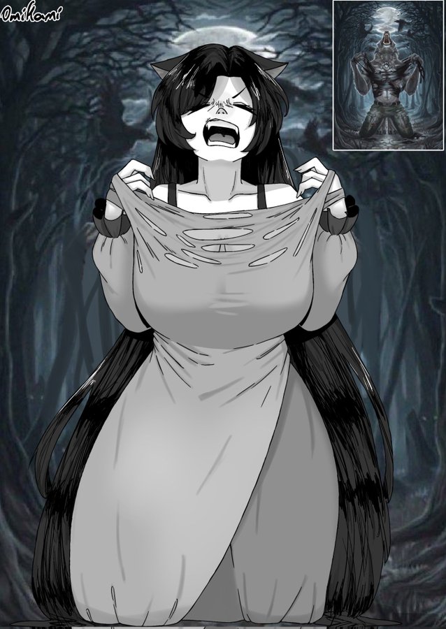 animal_ears bare_tree bra dress forest full_moon greyscale imaizumi_kagerou kneeling long_hair monochrome moon nature omikami puddle reflection torn_clothes touhou tree underwear very_long_hair werewolf wolf_ears wolf_girl