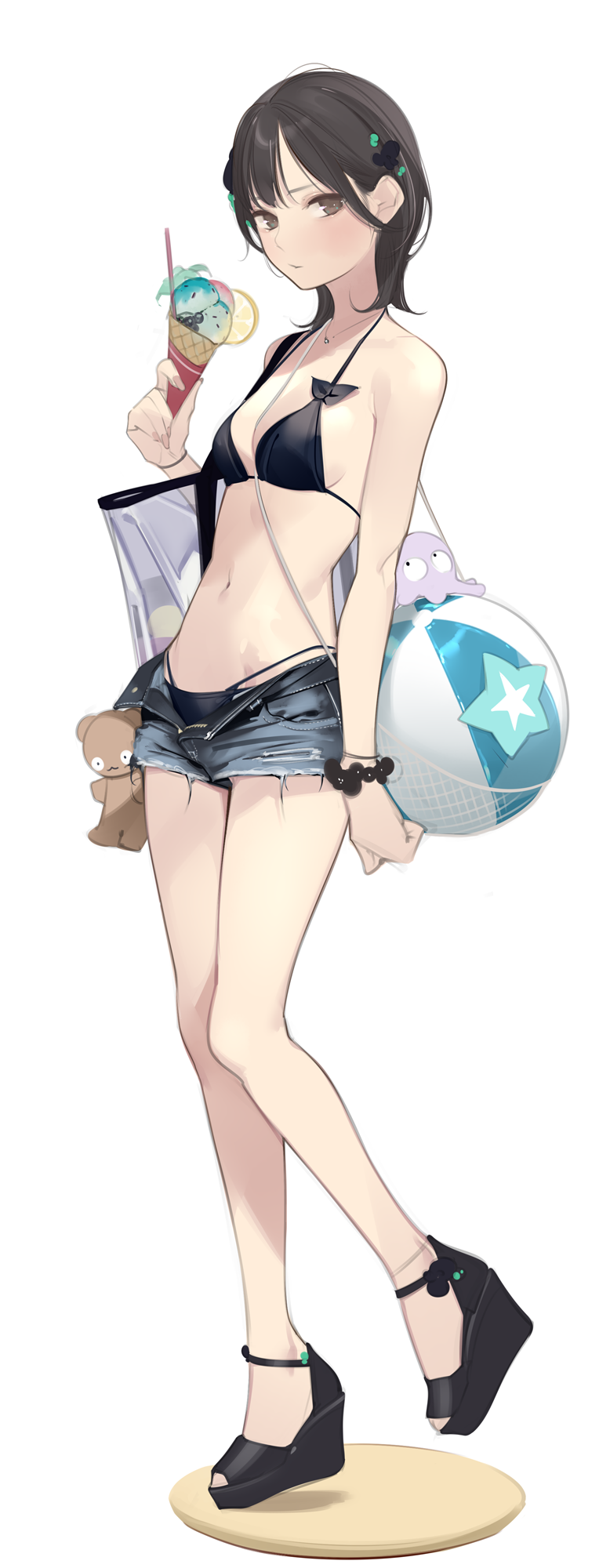 1girl ama_mitsuki bag ball bare_legs bare_shoulders beachball bikini black_bikini black_footwear black_hair blue_shorts blush breasts brown_eyes closed_mouth cutoffs denim denim_shorts dessert food hair_ornament highres holding holding_ball holding_beachball holding_food holding_ice_cream ice_cream ice_cream_cone jewelry looking_at_viewer navel necklace octopus open_fly original scrunchie short_hair short_shorts shorts shoulder_bag small_breasts solo standing swimsuit thong_bikini wrist_scrunchie