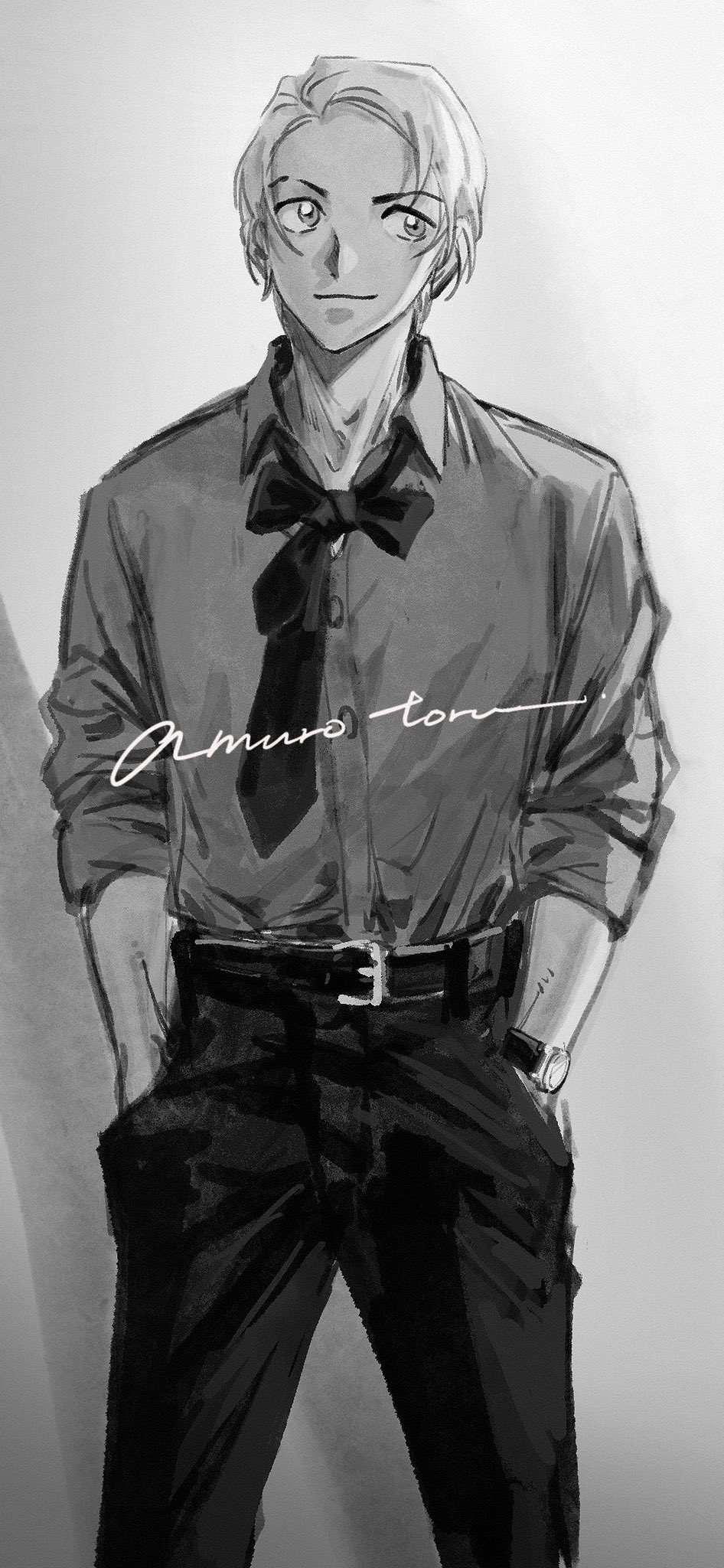 1boy amuro_tooru belt character_name collared_shirt facing_viewer greyscale hands_in_pockets highres light_smile looking_to_the_side male_focus masso meitantei_conan monochrome necktie pants shirt short_hair sleeves_rolled_up solo watch wristwatch