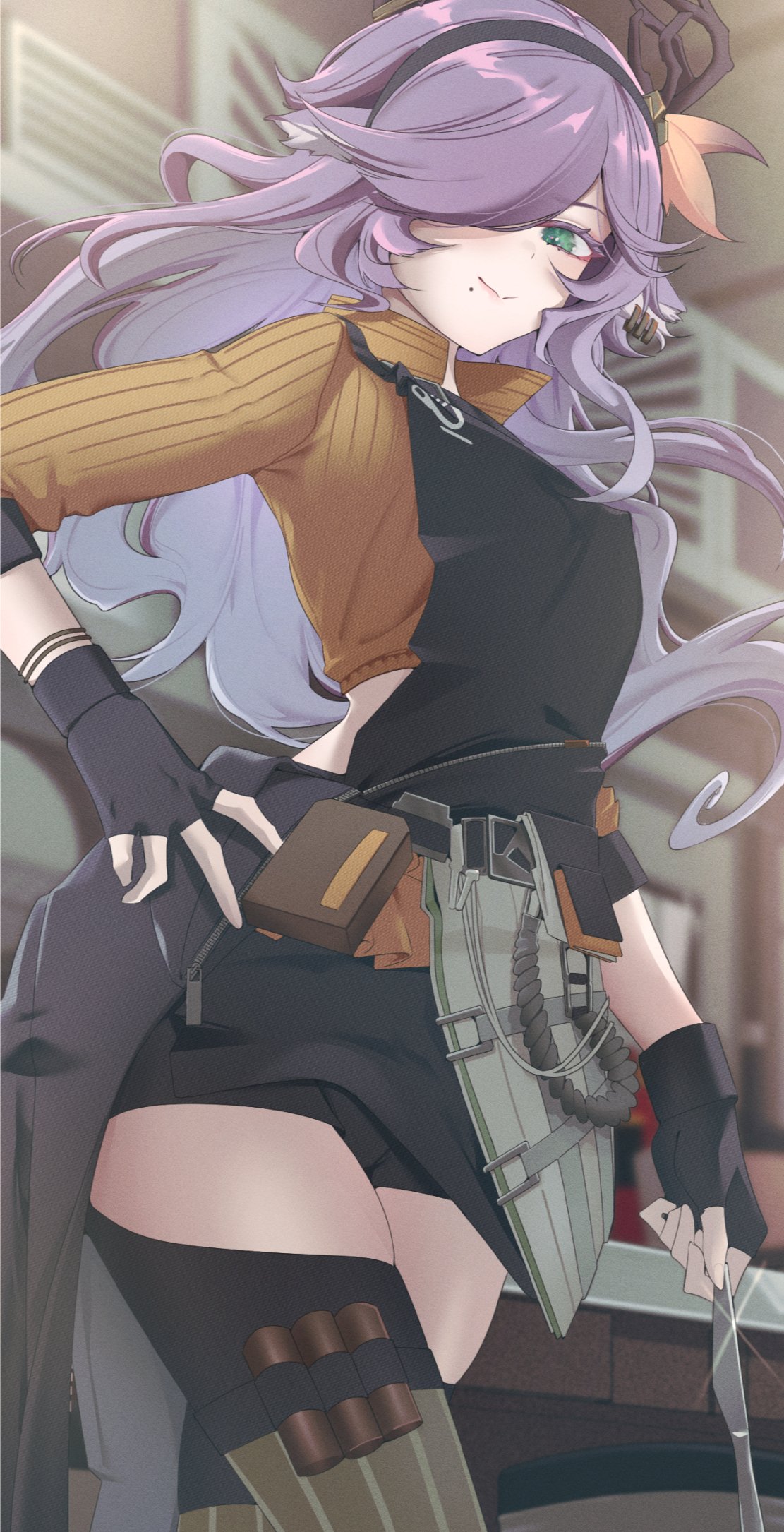 1girl animal_ears antlers apron arknights black_apron black_gloves black_hairband black_thighhighs blurry blurry_background brown_jacket closed_mouth clothes_around_waist coldshot_(arknights) cowboy_shot crop_top cropped_jacket fingerless_gloves floating_hair glint gloves green_eyes hair_over_one_eye hairband hand_on_own_hip highres holding holding_knife horns indoors jacket jacket_around_waist kimo_suna knife long_hair looking_at_viewer mole mole_under_mouth one_eye_covered purple_hair sleeves_past_elbows smile solo standing thighhighs zipper zipper_pull_tab