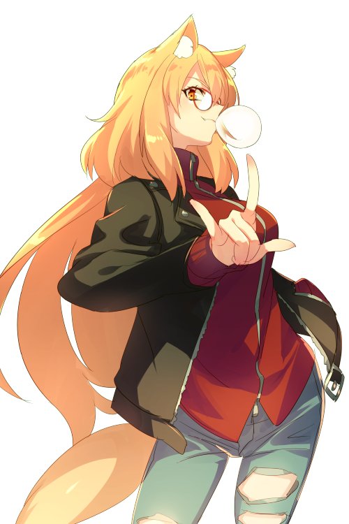 1girl animal_ears black_jacket blowing_bubbles blue_pants blush breasts chewing_gum denim echo_(circa) fate/grand_order fate_(series) fox_ears fox_girl glasses jacket jeans large_breasts long_hair long_sleeves looking_at_viewer orange_eyes orange_hair pants red_shirt shirt sidelocks smile solo suzuka_gozen_(fate) suzuka_gozen_(traveling_outfit)_(fate) thighs torn_clothes torn_jeans torn_pants