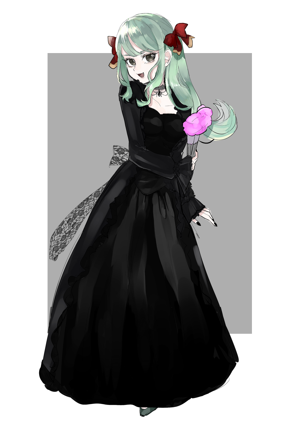 1girl black_dress black_nails bow bow_(paper_mario) collarbone dress fang green_hair grey_background grey_eyes hair_bow hand_fan highres holding holding_fan jewelry long_dress long_hair long_sleeves looking_at_viewer mario_(series) necklace open_mouth paper_mario paper_mario_64 personification red_bow sidelocks simple_background sketch smile solo swept_bangs tanakaoruta