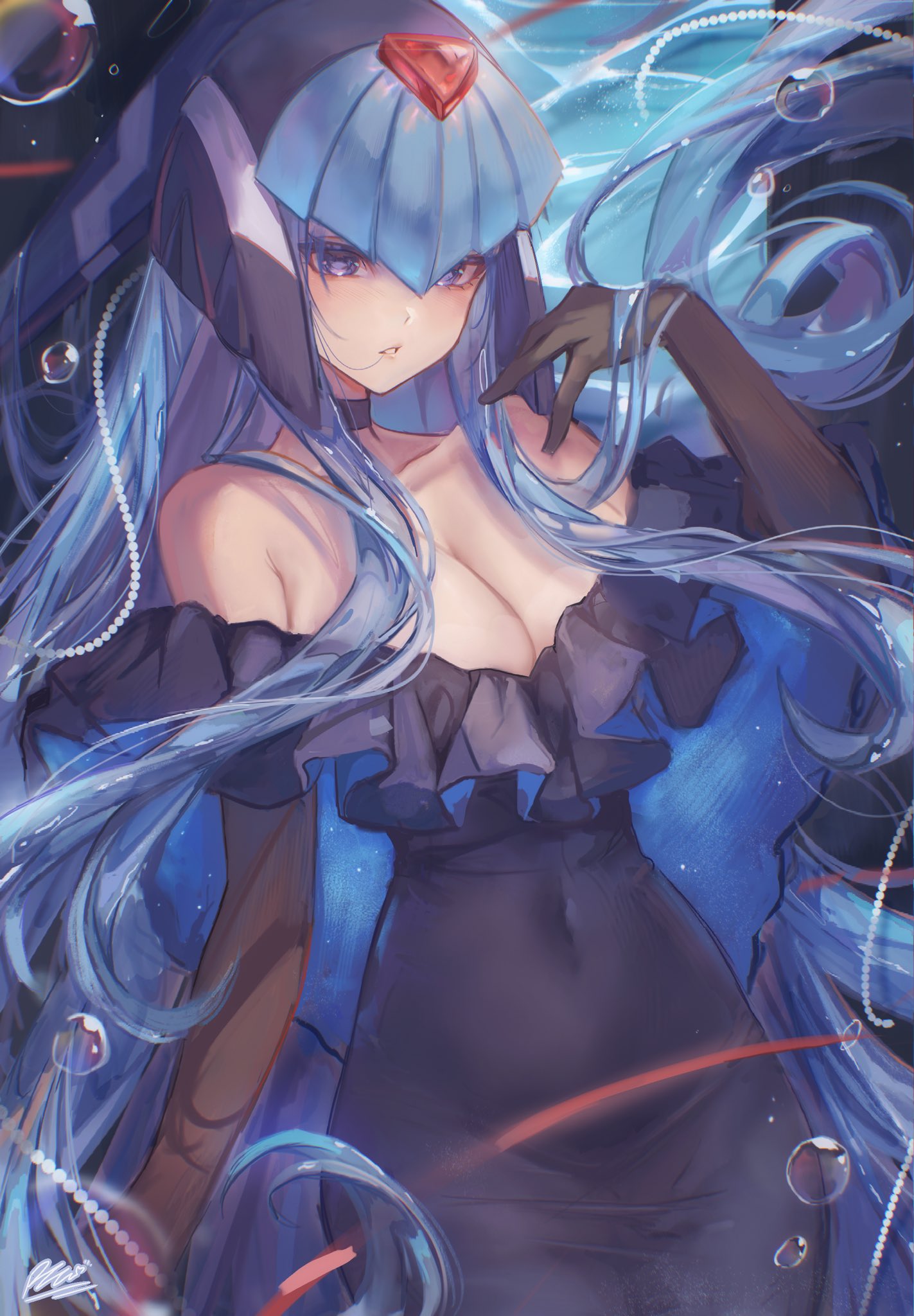 1girl air_bubble bare_shoulders black_choker black_dress blue_dress blue_eyes blue_hair blue_helmet breasts bubble choker cleavage cocktail_dress collarbone covered_navel cowboy_shot dress elbow_gloves fairy_leviathan_(mega_man) forehead_jewel frilled_dress frills gloves highres large_breasts long_dress long_hair mega_man_(series) mega_man_zero_(series) off-shoulder_dress off_shoulder preamchu_(panisarepream) signature solo two-sided_dress two-sided_fabric underwater very_long_hair