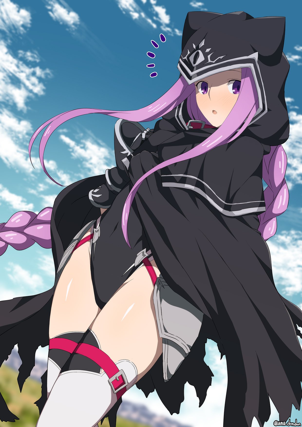 1girl arm_guards armor black_cloak black_leotard blue_sky blush breasts cloak collar fate/grand_order fate_(series) faulds forehead highleg highleg_leotard highres hood hooded_cloak leotard long_hair looking_at_viewer medusa_(fate) medusa_(lancer)_(fate) open_mouth parted_bangs purple_collar purple_eyes purple_hair sidelocks sky small_breasts solo thighhighs thighs unadon very_long_hair white_thighhighs