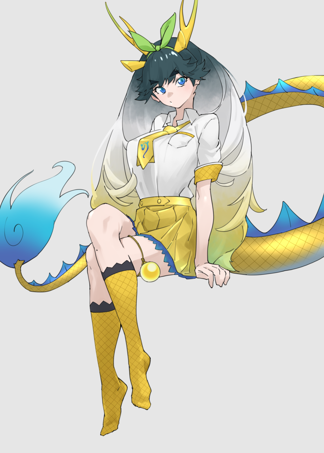 1girl animal_ears black_hair blonde_hair blue_eyes bow commentary crossed_legs dragon_girl dragon_tail extra_ears fishnet_socks fishnets frilled_skirt frilled_socks frills full_body giraffe_ears giraffe_girl giraffe_horns giraffe_tail gradient_hair green_bow grey_background hair_bow highres horns japari_symbol kemono_friends kirin_(kemono_friends) long_hair mole mole_on_leg multicolored_hair necktie no_shoes pleated_skirt school_uniform shirt shirt_tucked_in short_sleeves simple_background sitting skirt socks solo tail tanabe_(fueisei) thigh_strap white_hair white_shirt yellow_necktie yellow_skirt yellow_socks yellow_trim