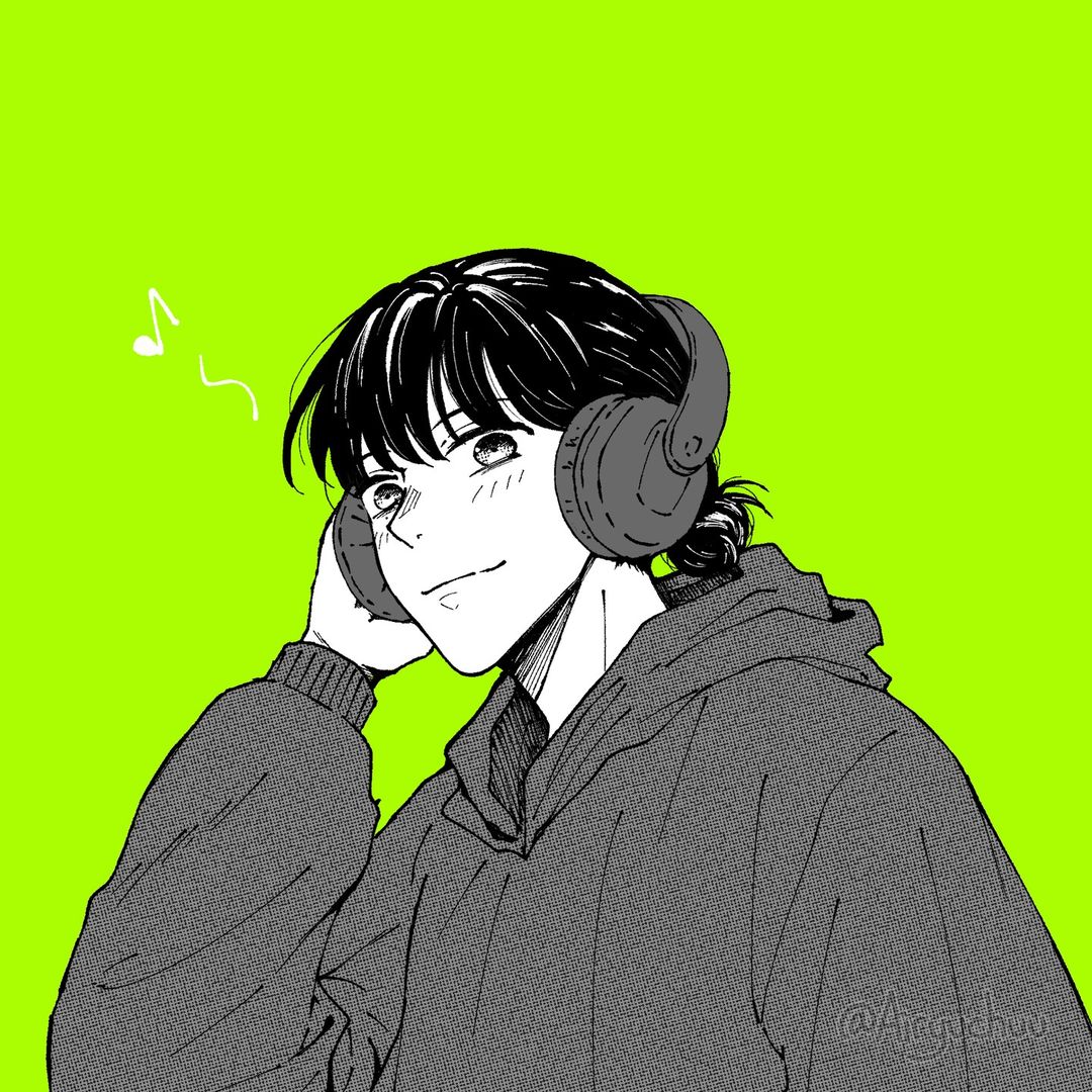 1girl airyuchuu androgynous bad_source blush commentary eighth_note green_background greyscale_with_colored_background hair_bun hand_up headphones hood hood_down hoodie instagram_username kininatteru_hito_ga_otoko_ja_nakatta koga_mitsuki looking_at_viewer musical_note reverse_trap short_hair single_hair_bun smile solo tomboy upper_body