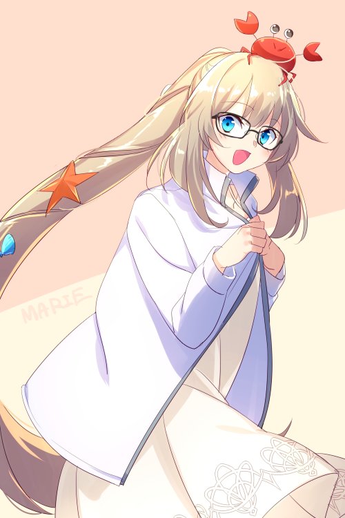 1girl blue_eyes blush breasts crab dress echo_(circa) fate/grand_order fate_(series) glasses jacket long_hair long_sleeves looking_at_viewer marie_antoinette_(fate) marie_antoinette_(swimsuit_caster)_(fate) medium_breasts open_mouth sidelocks smile solo twintails very_long_hair white_dress white_hair white_jacket