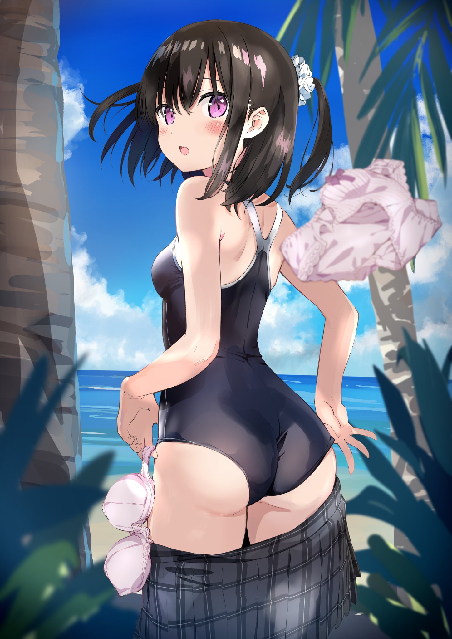 1girl adjusting_clothes adjusting_swimsuit ass beach black_hair blurry blurry_foreground blush bow bow_panties bra breasts checkered_clothes checkered_skirt clothes_pull competition_school_swimsuit competition_swimsuit depth_of_field hair_ornament hair_scrunchie highres holding holding_clothes holding_underwear looking_at_viewer looking_back medium_breasts miyuki_(yxbt7) one-piece_swimsuit open_mouth original outdoors panties ponytail purple_eyes school_swimsuit scrunchie shizuku_(kantoku) short_hair side_ponytail sidelocks skirt skirt_pull solo swimsuit underwear unworn_bra unworn_panties
