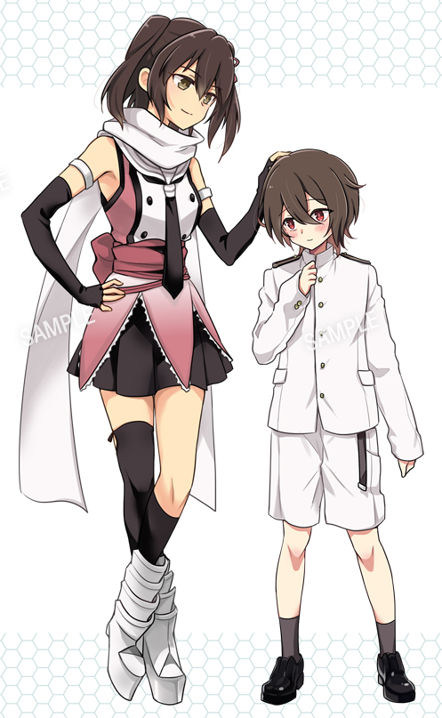 1boy 1girl admiral_(kancolle) asymmetrical_legwear black_gloves black_hair black_neckerchief black_skirt brown_eyes brown_hair buttons double-breasted elbow_gloves fingerless_gloves full_body gloves hand_on_another's_head jacket kantai_collection kneehighs little_boy_admiral_(kancolle) military_uniform neckerchief pleated_skirt r-king sailor_collar sample_watermark scarf school_uniform sendai_(kancolle) sendai_kai_ni_(kancolle) serafuku short_hair shorts simple_background single_kneehigh single_sock single_thighhigh skirt socks standing thighhighs two_side_up uneven_legwear uniform watermark white_background white_jacket white_sailor_collar white_scarf white_shorts