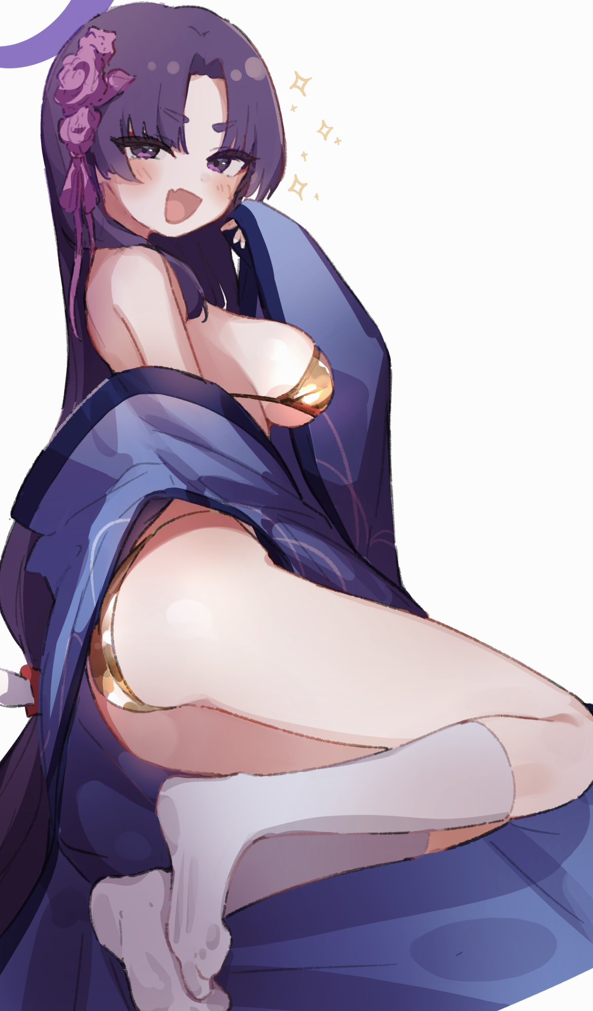 1girl ass bikini blue_archive breasts epi_zero fang flower gold_bikini hair_flower hair_ornament halo haori highres japanese_clothes kneehighs large_breasts looking_at_viewer no_shoes open_mouth parted_bangs purple_eyes purple_hair purple_halo simple_background skin_fang smile socks solo swimsuit white_background white_socks yukari_(blue_archive)