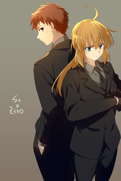 1boy 1girl ahoge artoria_pendragon_(fate) back-to-back black_gloves black_jacket black_pants black_suit blonde_hair breasts brown_eyes echo_(circa) emiya_shirou fate/stay_night fate/zero fate_(series) gloves green_eyes jacket long_hair low_ponytail medium_breasts necktie orange_hair pants saber_(fate) short_hair sidelocks suit