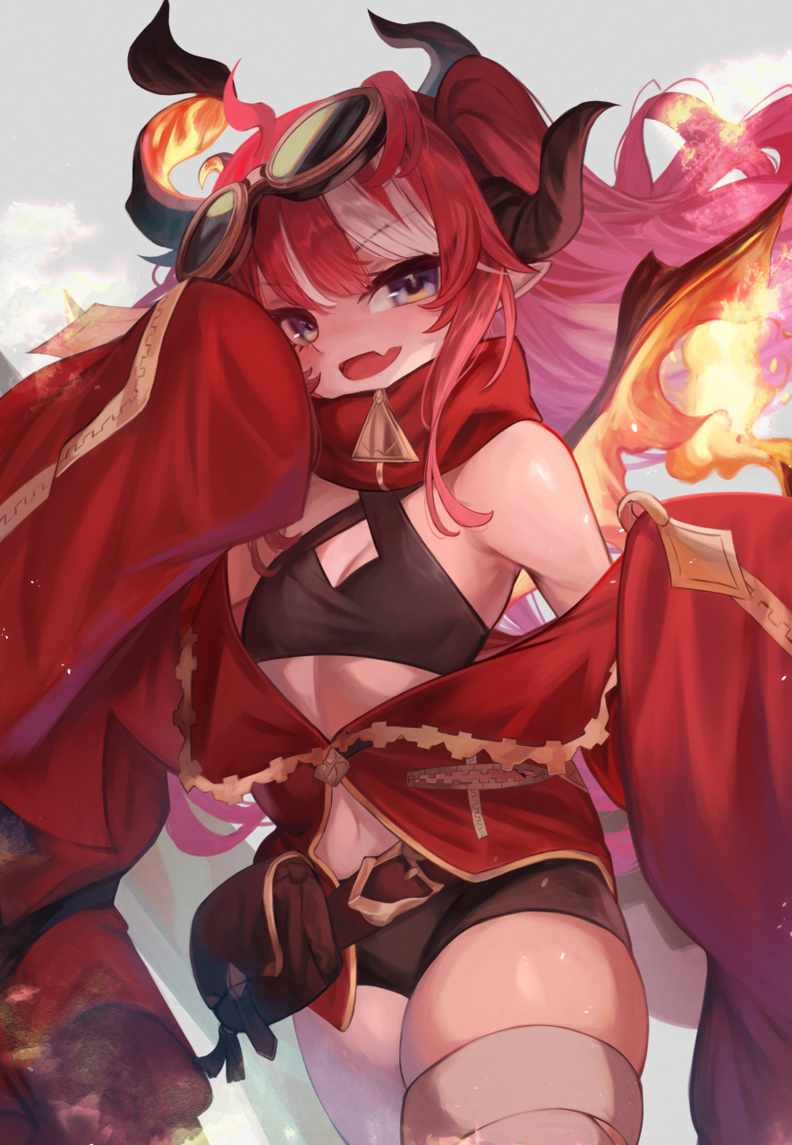 1girl bandaged_leg bandages belt_pouch black_shorts blue_eyes breasts cleavage dragon_girl dragon_horns dragon_wings fang fire goggles goggles_on_head highres horns jacket long_hair looking_at_viewer m0_chi multicolored_hair navel open_mouth phase_connect pointy_ears pouch red_hair red_jacket saya_sairroxs short_shorts shorts skin_fang skindentation sleeves_past_fingers sleeves_past_wrists small_breasts smile solo streaked_hair virtual_youtuber white_hair wings