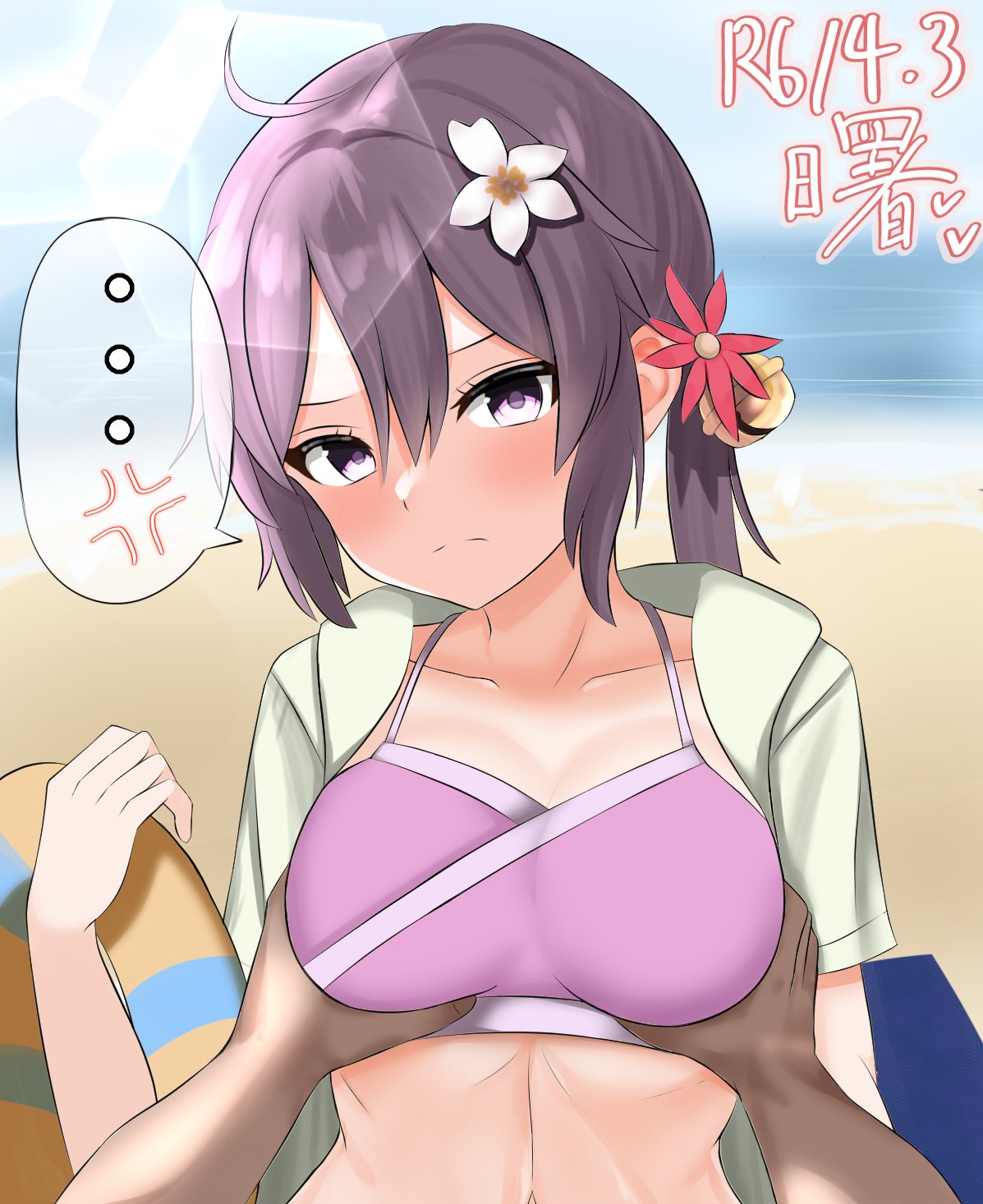 1boy 1girl akebono_(kancolle) akebono_kai_ni_(kancolle) alternate_breast_size anger_vein beach bell bikini breasts character_name commentary_request dated flower hair_bell hair_flower hair_ornament highres hood hooded_jacket horizon jacket jingle_bell kantai_collection large_breasts long_hair ocean out-of-frame_censoring pink_bikini pov purple_eyes purple_hair shirt side_ponytail solo swimsuit thought_bubble tomooooori white_shirt