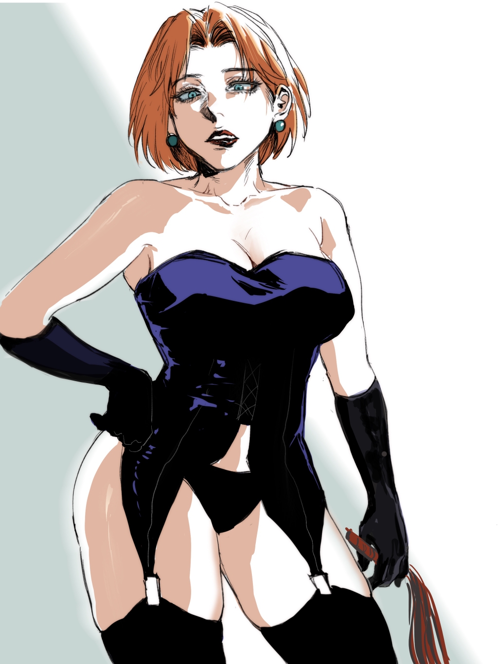 1girl black_panties black_thighhighs blue_eyes borderline7839 breasts cleavage dominatrix elbow_gloves family_guy gloves highres holding holding_whip large_breasts latex latex_gloves lois_griffin orange_hair panties red_lips short_hair solo thighhighs underwear whip