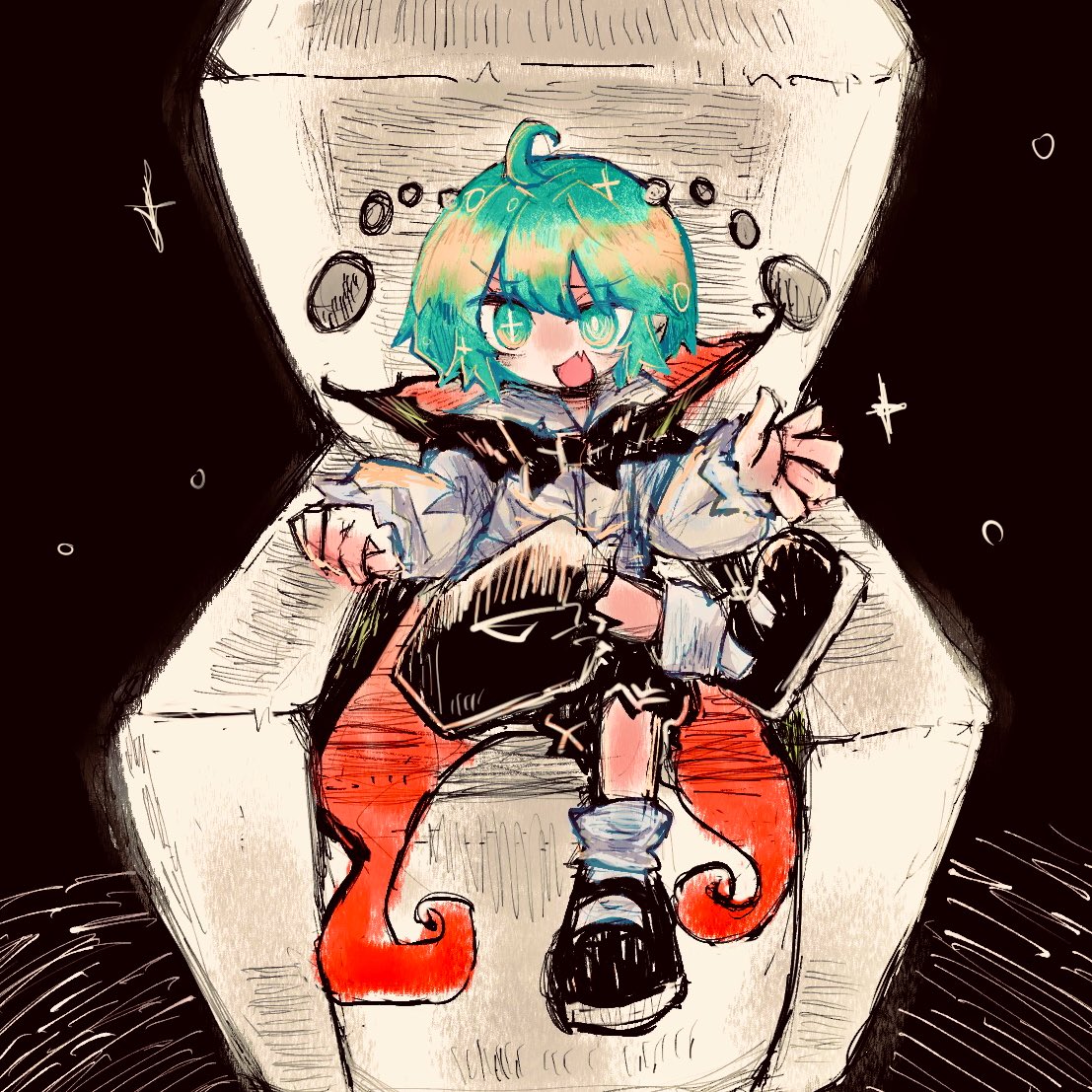 1girl animal_ears antennae bird_ears black_cape black_footwear bucket cape chair fireflies green_eyes green_hair in_bucket in_container mokumoku22 open_mouth pants plaid plaid_vest short_hair sitting socks solo star-shaped_pupils star_(symbol) symbol-shaped_pupils teeth touhou two-sided_cape two-sided_fabric upper_teeth_only vest wriggle_nightbug