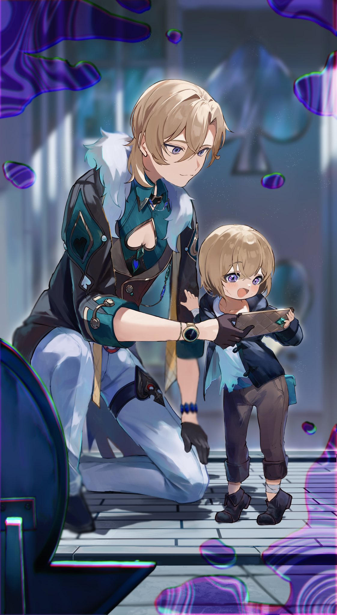 2boys aged_down aqua_shirt aventurine_(honkai:_star_rail) black_footwear black_gloves blonde_hair bracelet cellphone closed_mouth clothing_cutout collared_shirt fur_trim gloves hair_between_eyes highres holding holding_phone honkai:_star_rail honkai_(series) jewelry kneeling looking_at_phone male_focus multicolored_eyes multiple_boys open_mouth pants phone potetwo_2 shadow shirt short_hair smartphone standing torn_clothes torn_shirt watch white_pants wristwatch