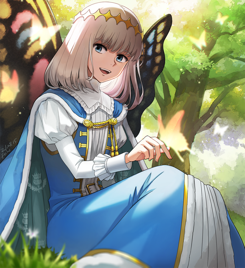 1boy blue_cape blue_eyes blue_robe bug butterfly butterfly_on_hand butterfly_wings cape diamond_hairband fate/grand_order fate_(series) fon-due_(fonfon) fur-trimmed_cape fur_trim grey_hair insect_wings juliet_sleeves long_sleeves looking_at_viewer male_focus oberon_(fate) open_mouth outdoors puffy_sleeves robe shirt solo tree white_shirt wings