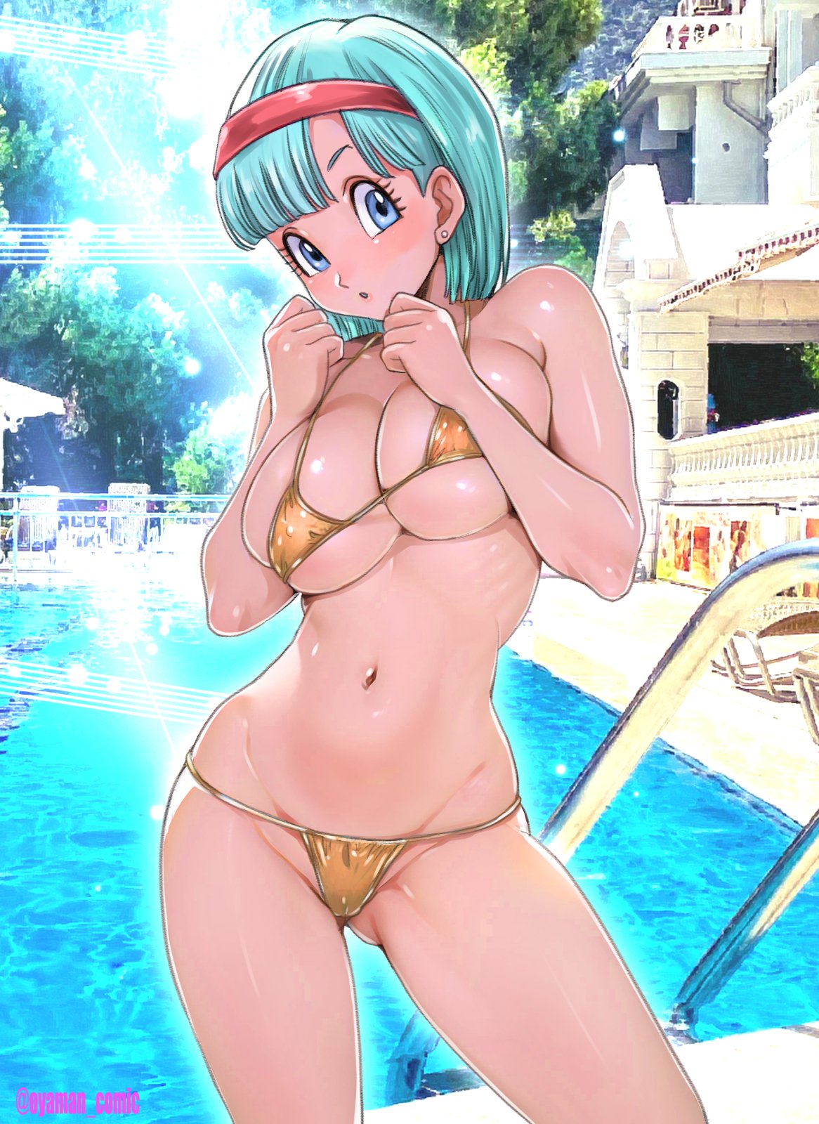 1girl aqua_hair artist_name bare_arms bare_shoulders bikini blue_eyes breasts bulma cleavage clenched_hands commentary_request dragon_ball dragon_ball_(classic) earrings hairband highres jewelry large_breasts looking_at_viewer navel oyaman parted_lips photo_background red_hairband shiny_skin short_hair solo stomach swimsuit thighs