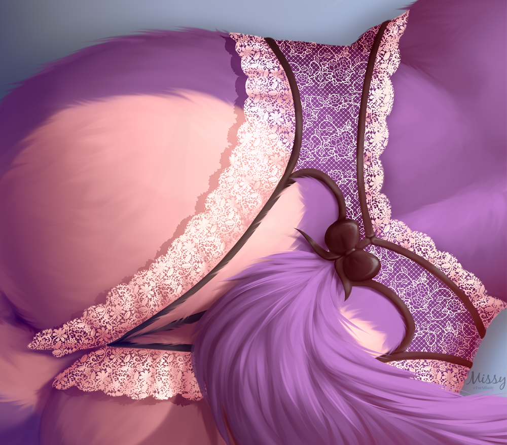anthro bird's-eye_view bow_panties butt butt_shot canid canine close-up clothed clothing female fluffy fluffy_tail frilly fur furgonomics grey_background heart_cutout high-angle_view lace lingerie mammal missy_(artist) panties pink_fur purple_fur purple_tail rear_view simple_background skimpy solo underwear